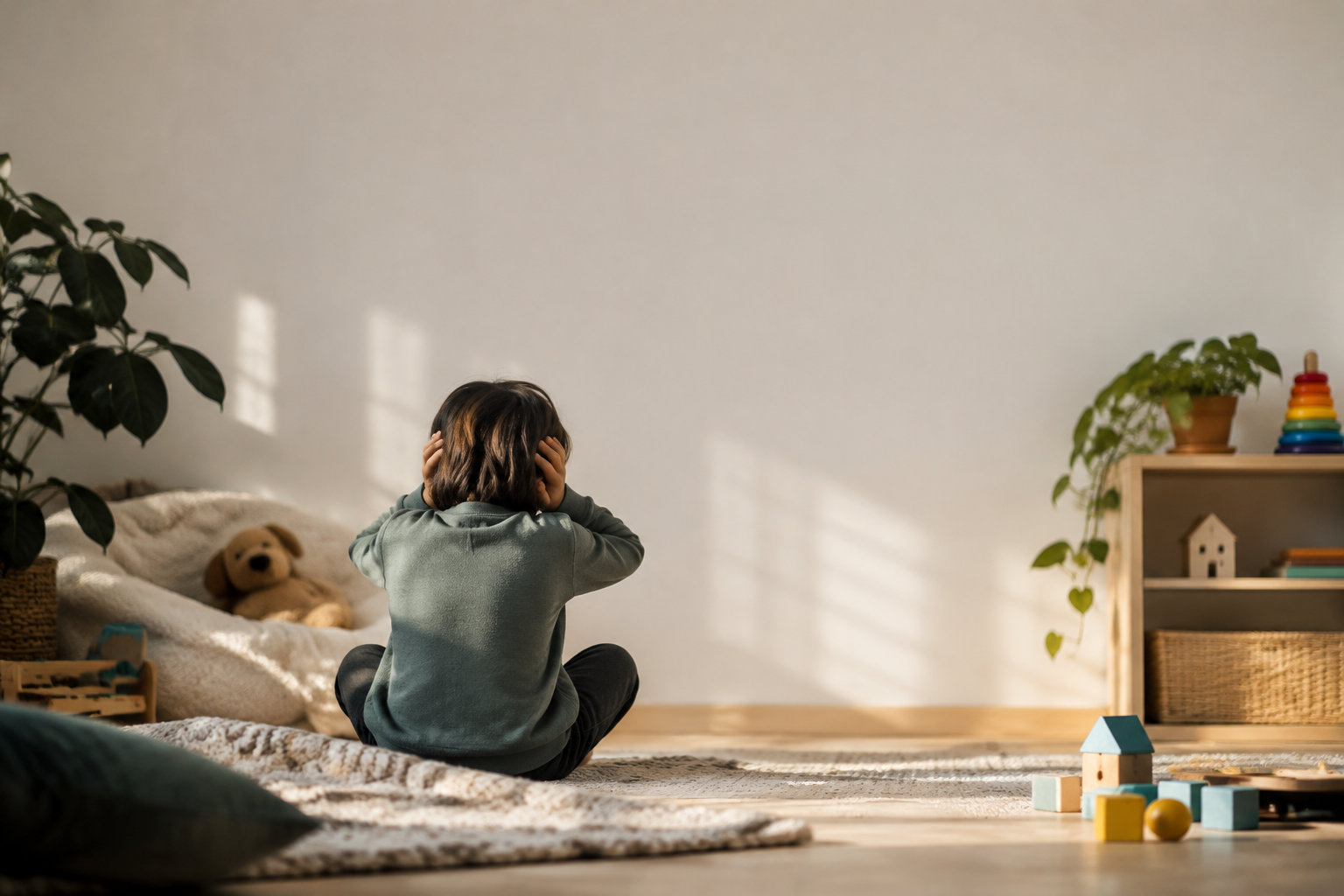 Enfant assis en tailleur, de dos, se couvrant les oreilles dans une chambre calme et lumineuse.