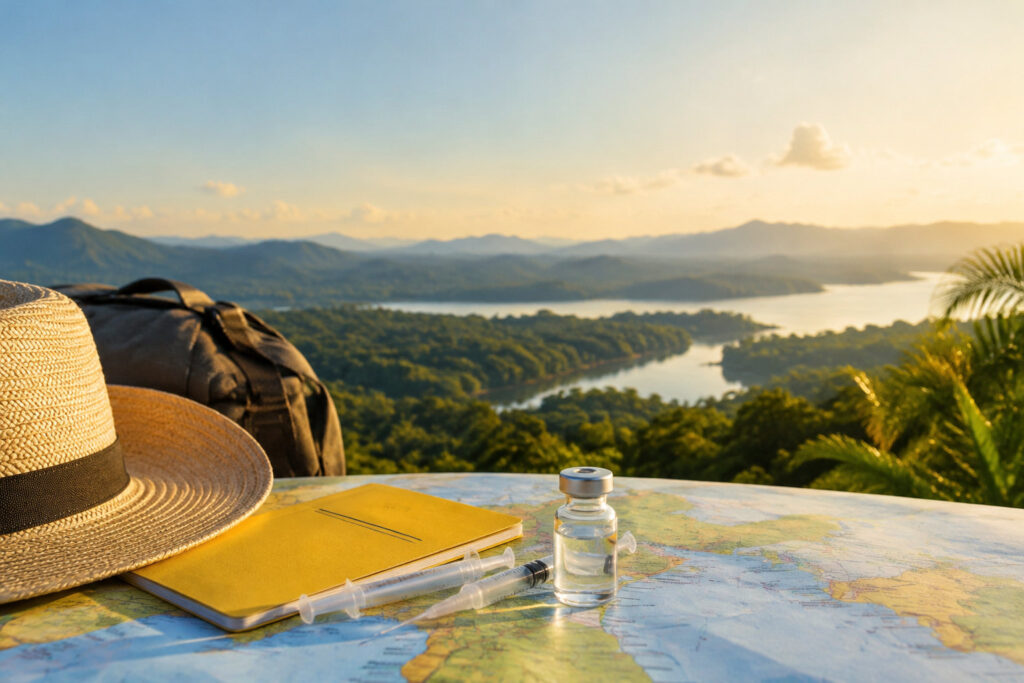 Un flacon de vaccin, des seringues et un chapeau sur une carte avec un paysage tropical en arrière-plan.