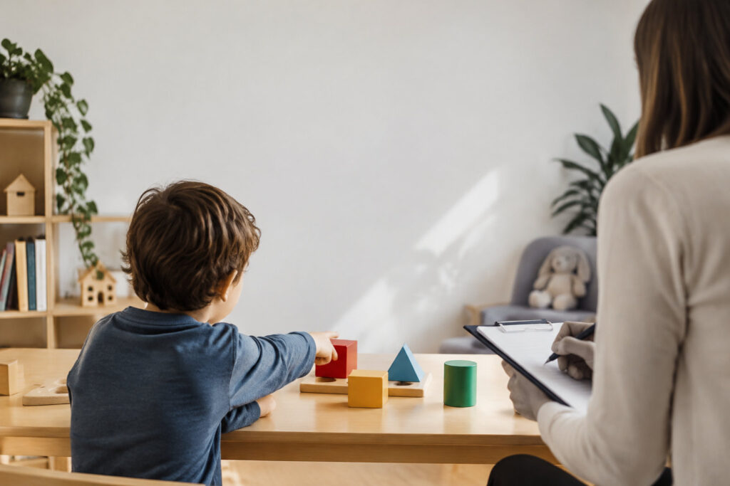 Un jeune enfant joue avec des formes géométriques colorées sous l'observation d'un psychologue qui prend des notes.