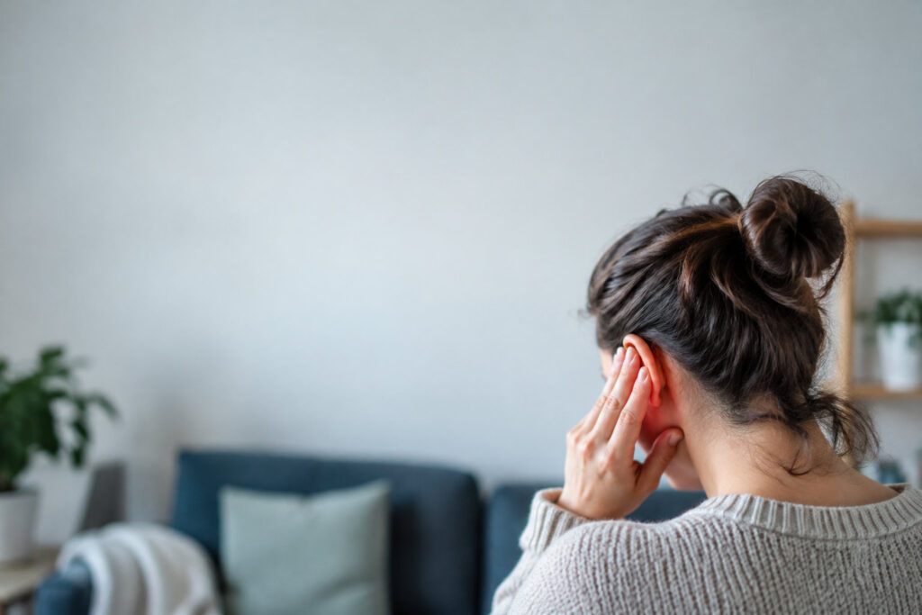Une femme vue de dos, portant un pull en maille, se tient l'oreille avec la main en signe de douleur ou de gêne.
