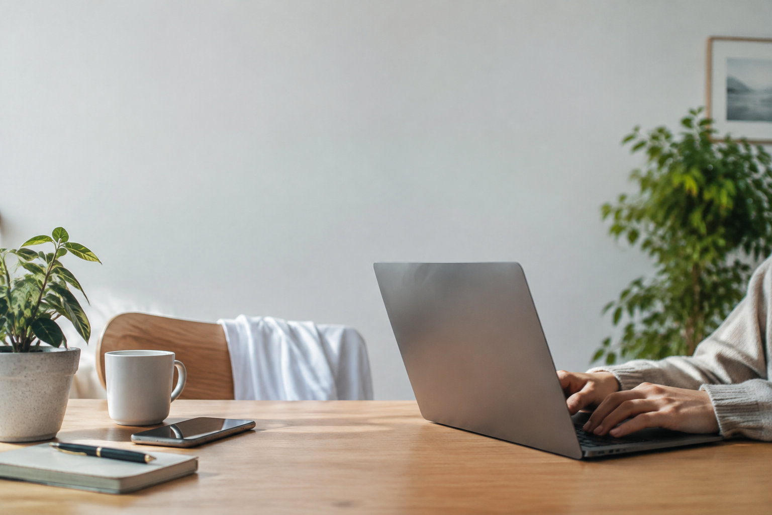 Une personne utilisant un ordinateur portable sur un bureau en bois, avec une tasse et une plante.