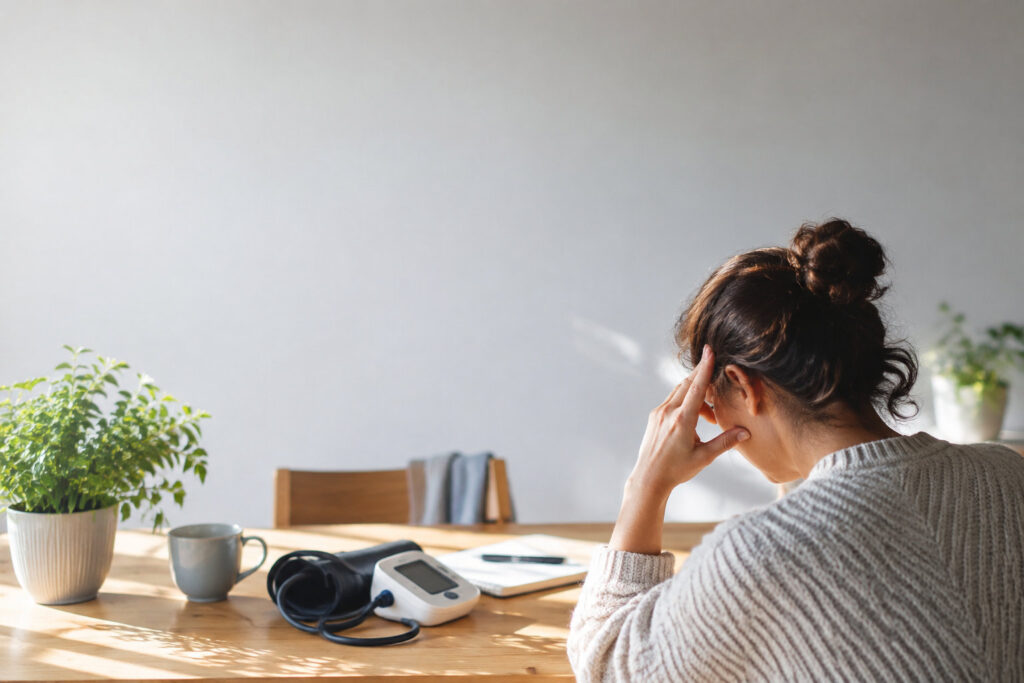 Une femme assise à une table avec un tensiomètre, se tenant la tête, l'air souffrante.