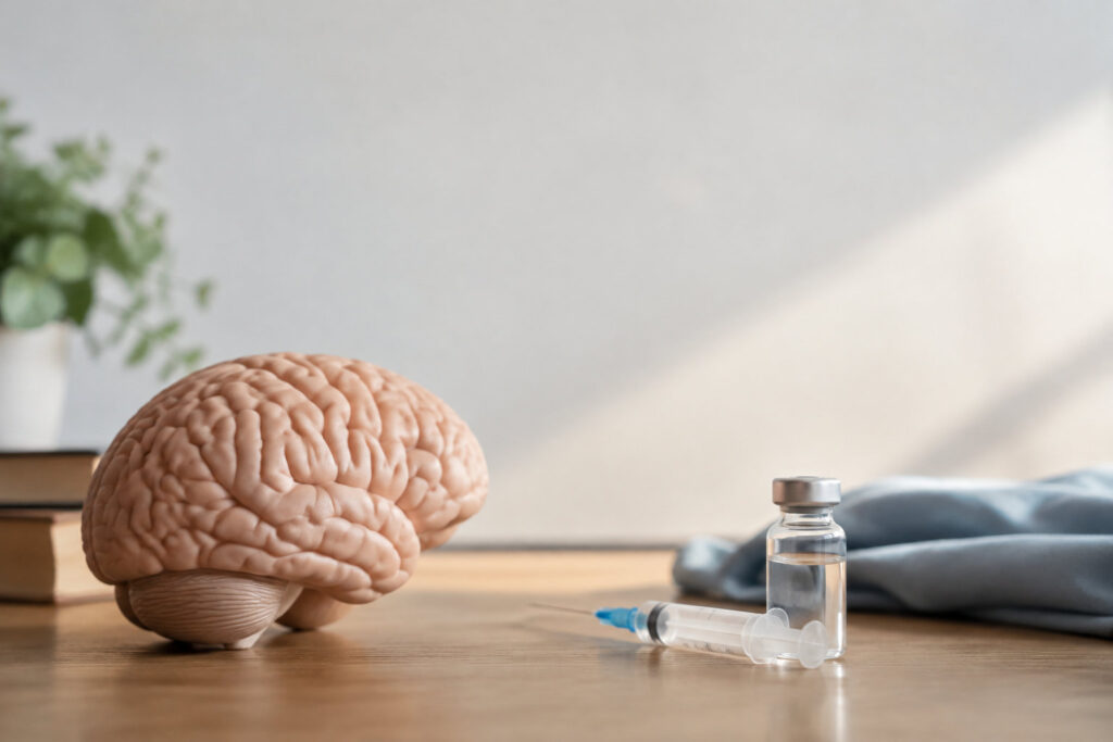 Un modèle anatomique de cerveau humain posé sur une table à côté d'une fiole de vaccin et d'une seringue.