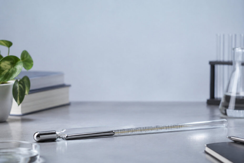 Un thermomètre en verre contenant du galinstan argenté posé sur un bureau près de livres et d'une fiole de laboratoire.
