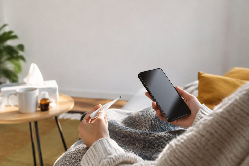 Une personne malade sous une couverture tient un thermomètre numérique et un smartphone à écran vide dans ses mains.