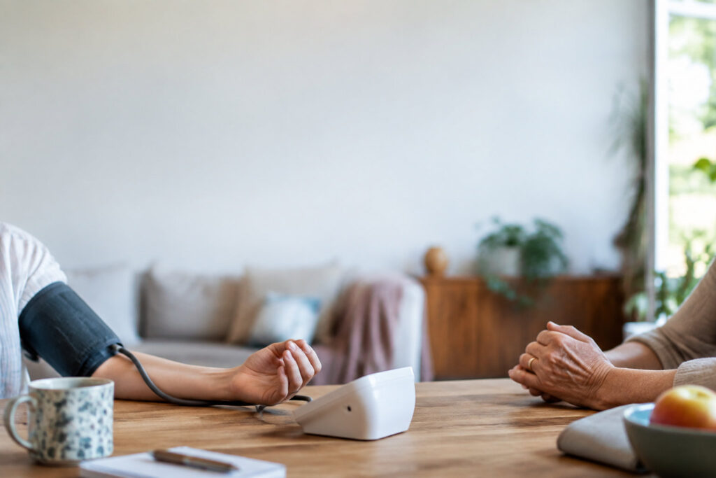 Une personne prend sa tension artérielle avec un tensiomètre électronique, assise à une table devant un proche.