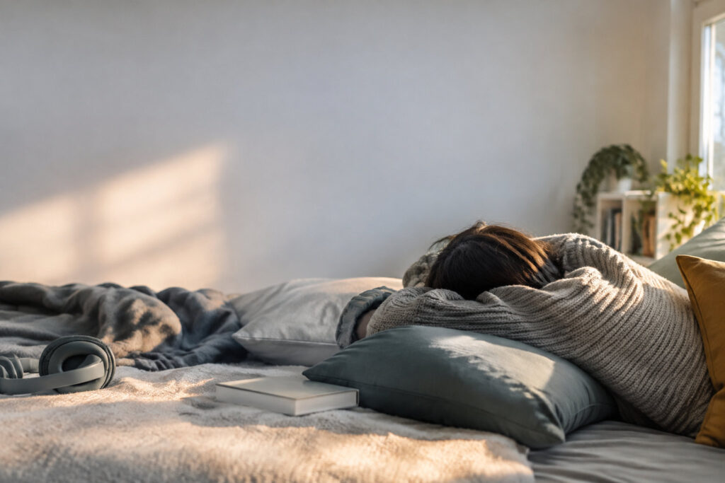Une personne fatiguée, vêtue d'un pull en laine, se repose la tête sur ses bras dans un lit baigné de lumière douce.