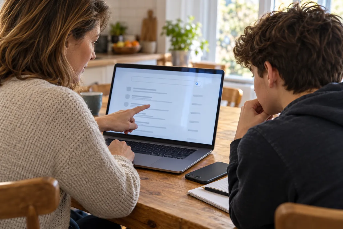 À la table de la cuisine, une mère montre du doigt l'écran d'un ordinateur portable affichant une page de recherche, sous le regard attentif de son fils adolescent ; un smartphone est posé face contre la table.