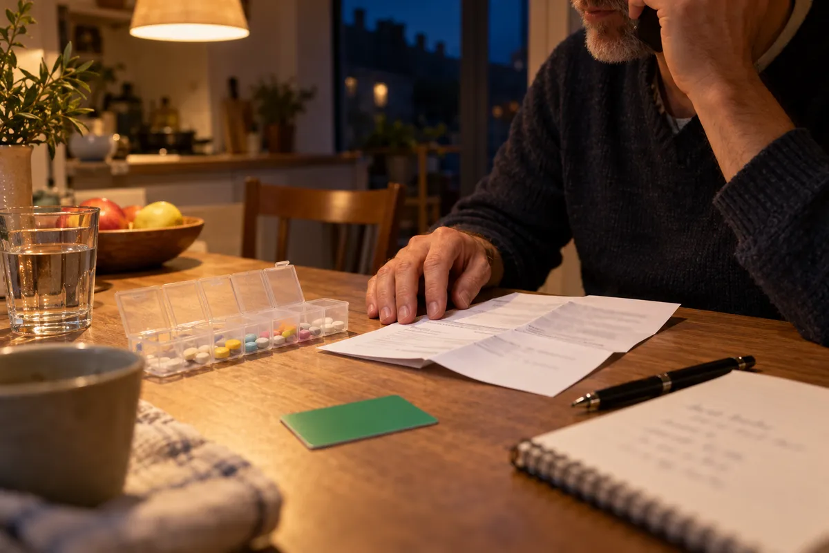 Le soir, à une table de cuisine éclairée par une suspension, un homme barbu téléphone, une main posée sur une ordonnance dépliée, à côté d'un pilulier hebdomadaire rempli de comprimés, d'un verre d'eau, d'un stylo et d'une carte verte.