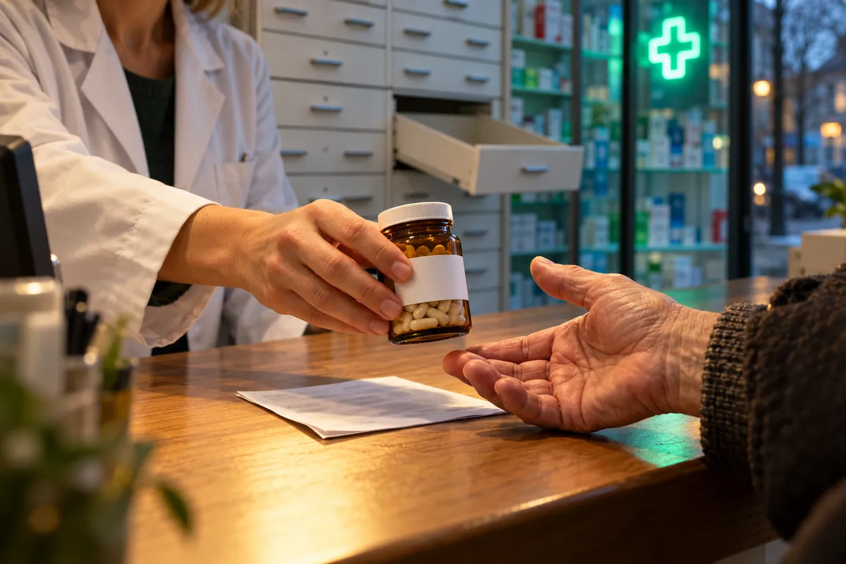 Au comptoir en bois d'une pharmacie, la main d'un pharmacien en blouse blanche tend un flacon ambré rempli de gélules vers la main ouverte d'un patient âgé, au-dessus d'une ordonnance, devant un tiroir à médicaments ouvert et vide.