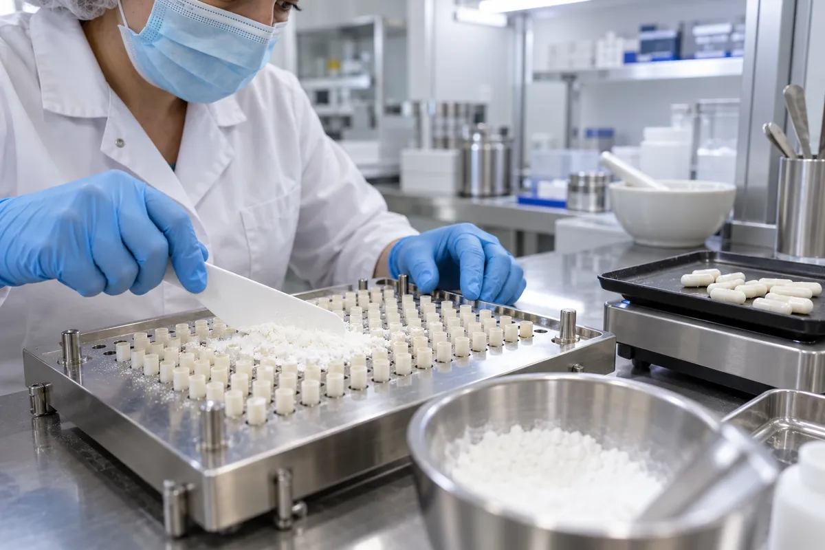 Dans le préparatoire d'une pharmacie, deux mains gantées de bleu étalent une poudre blanche sur une plaque de remplissage de gélules en inox, à côté de gélules fermées posées sur un plateau noir.