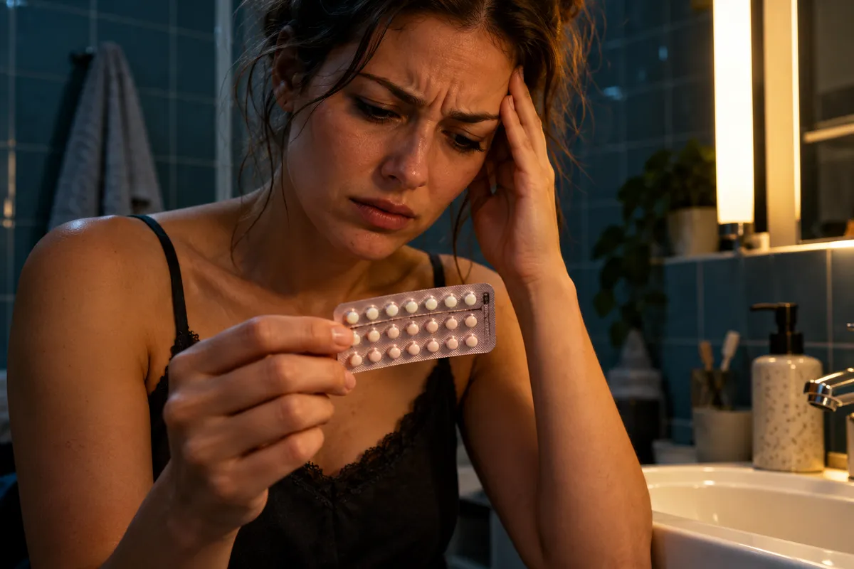 Dans une salle de bain le soir, une jeune femme se tient la tempe en regardant la plaquette de pilules qu'elle tient à la main.
