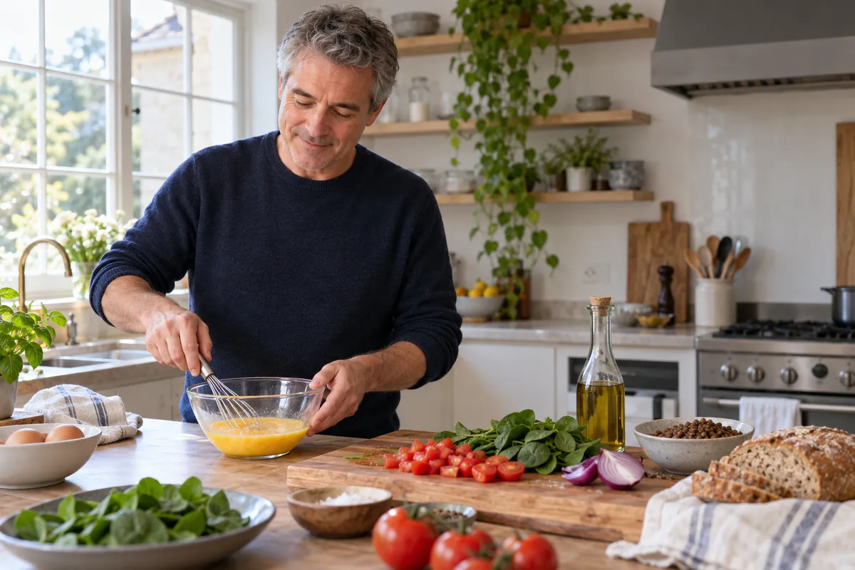 Dans une cuisine lumineuse, un homme d'une cinquantaine d'années aux cheveux gris bat des œufs dans un saladier en verre, entouré de tomates, d'épinards, d'oignon rouge, d'huile d'olive, de lentilles et de pain complet.