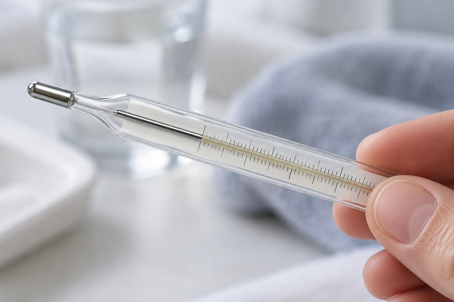 Une main tient un thermomètre en verre gradué devant un arrière-plan flou.