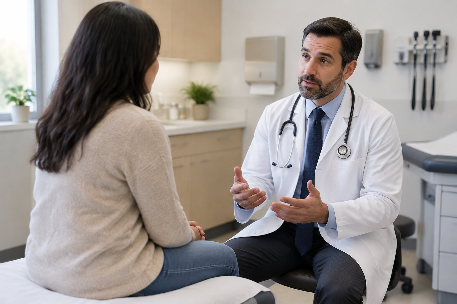 Un médecin en blouse blanche, avec un stéthoscope, parle à une patiente assise dans un cabinet médical.