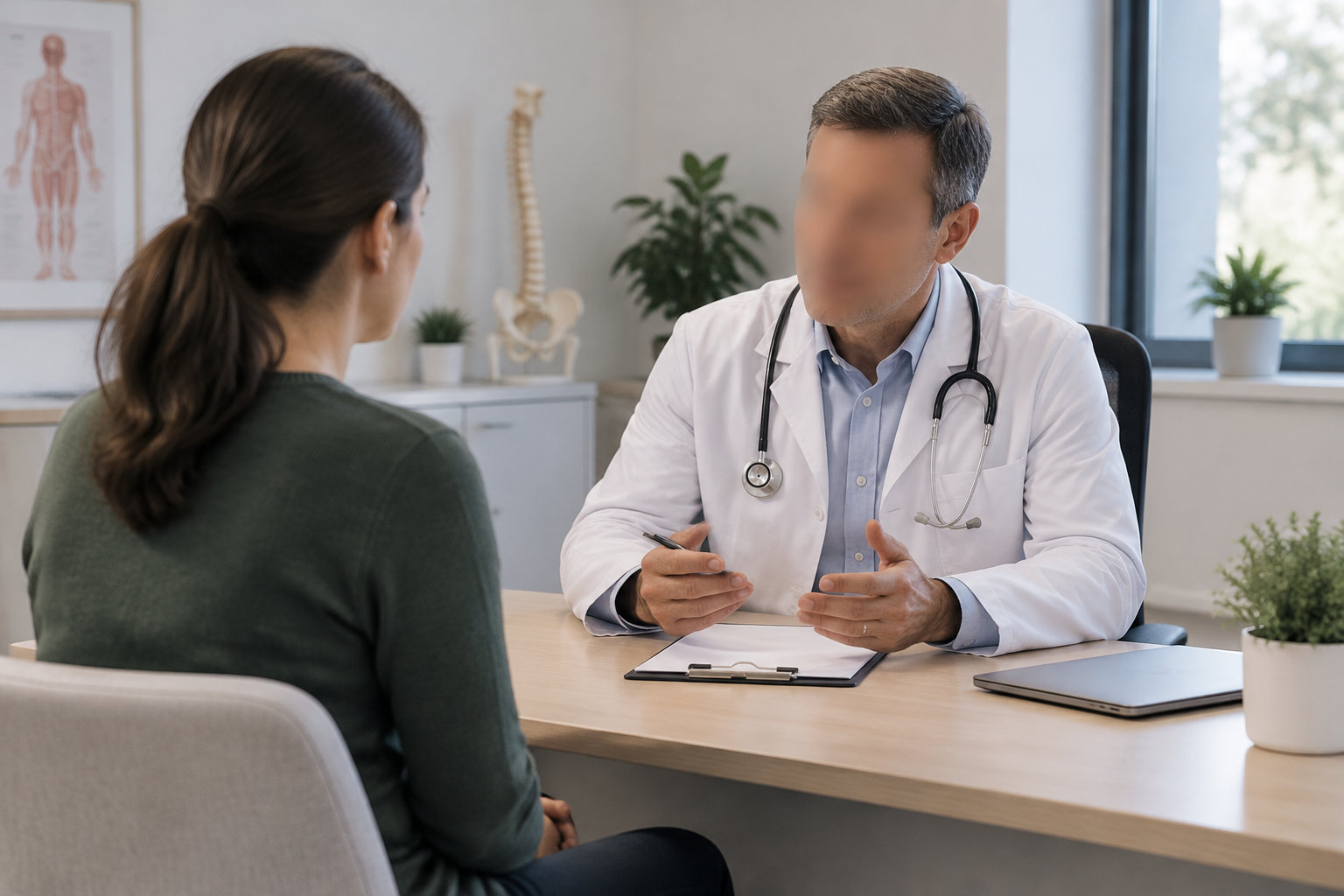 Un médecin muni d’un stéthoscope échange avec une patiente assise en face de lui, dans un cabinet médical.