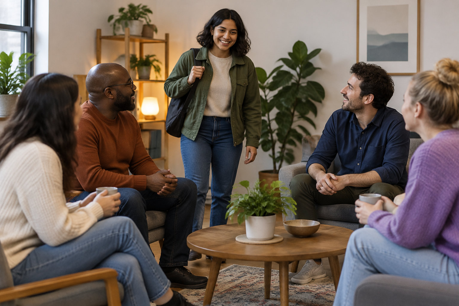 Une jeune femme souriante rejoint un petit groupe assis en cercle dans un salon, autour d’une table basse.
