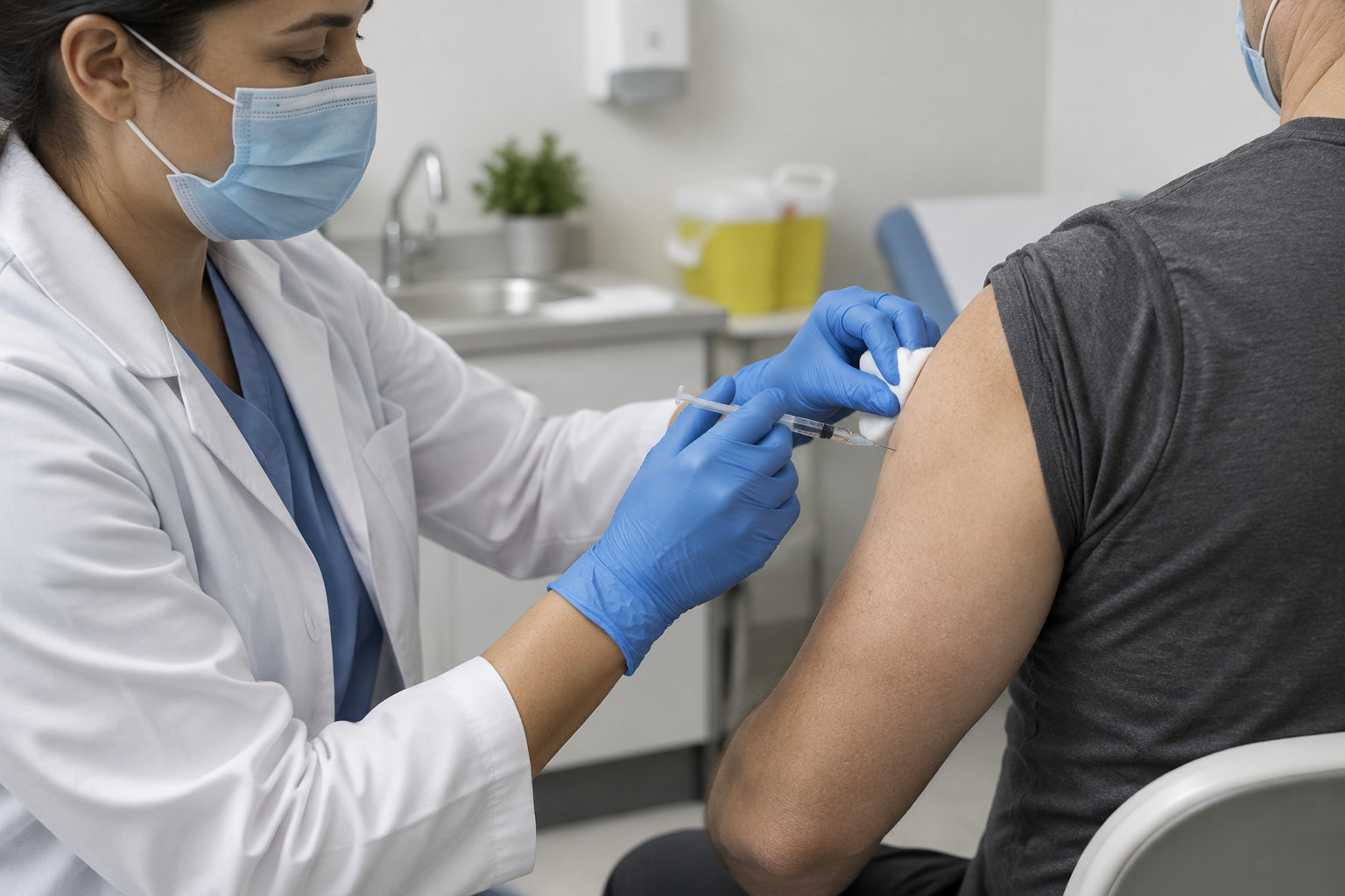 Une soignante portant un masque et des gants injecte un vaccin dans le bras d’une personne assise.