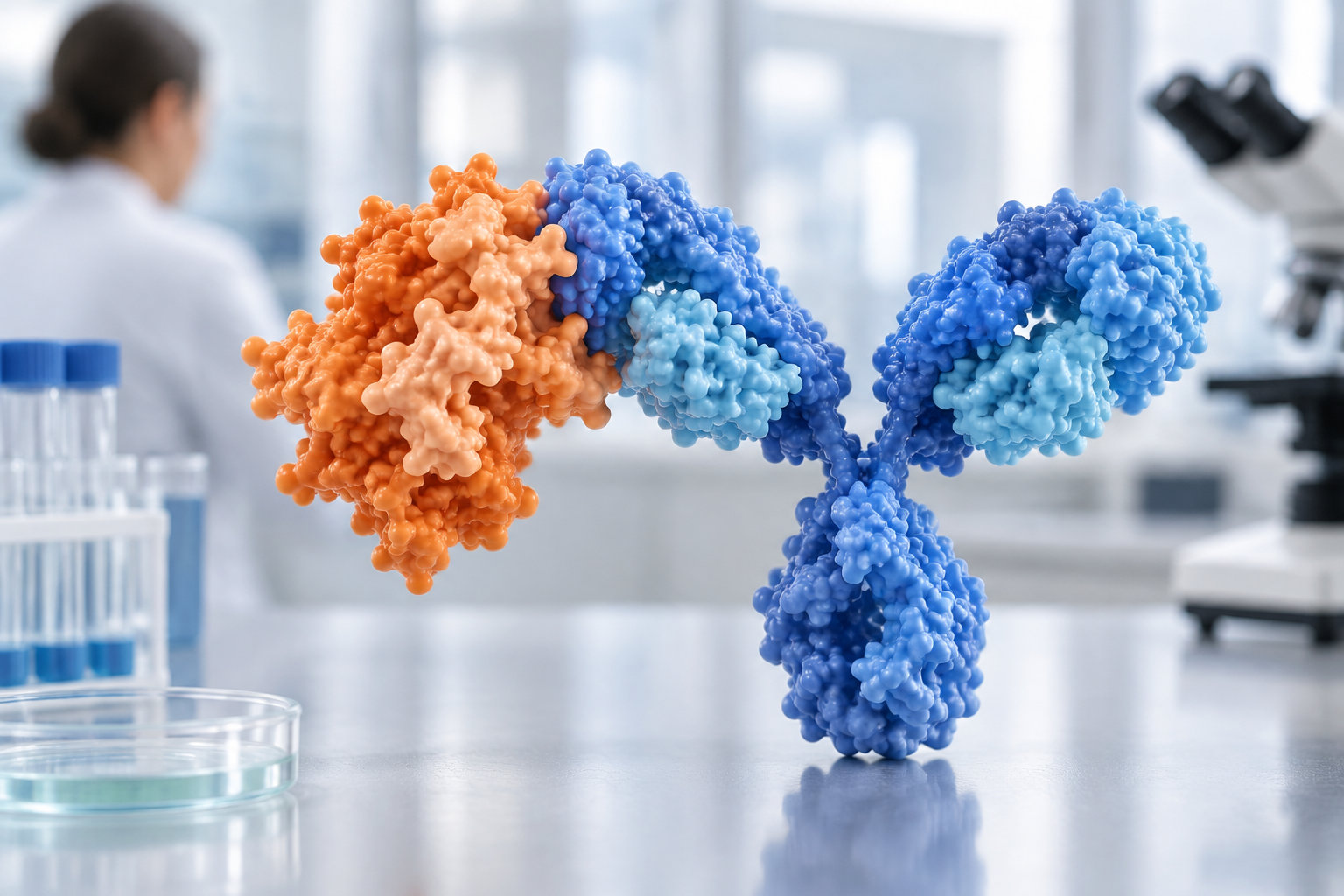 Une représentation en relief d’une molécule bleue et orange est posée sur une paillasse de laboratoire, avec une personne et du matériel de laboratoire flous en arrière-plan.