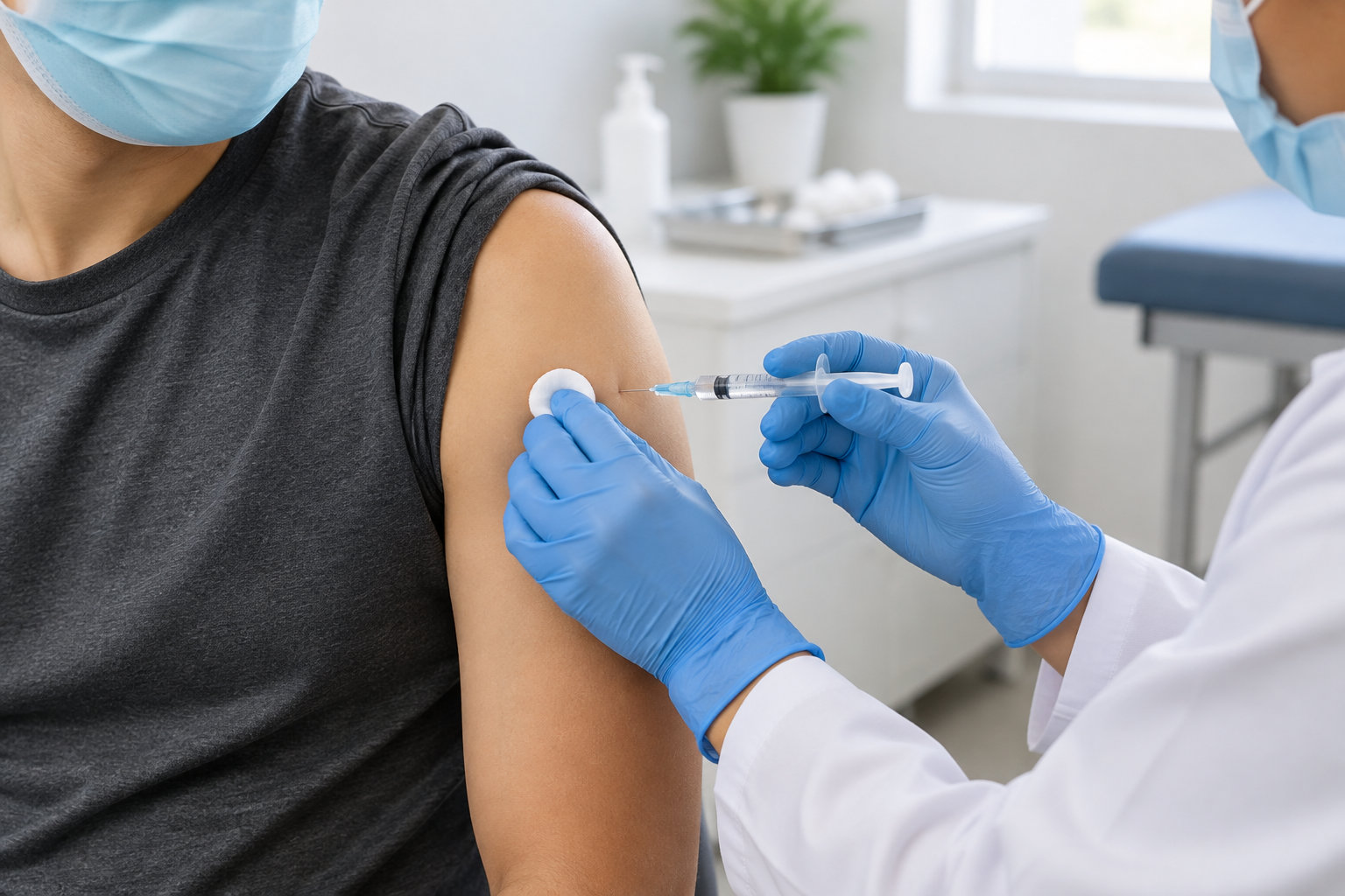 Un professionnel de santé en gants bleus administre une injection dans le bras d’une personne masquée.