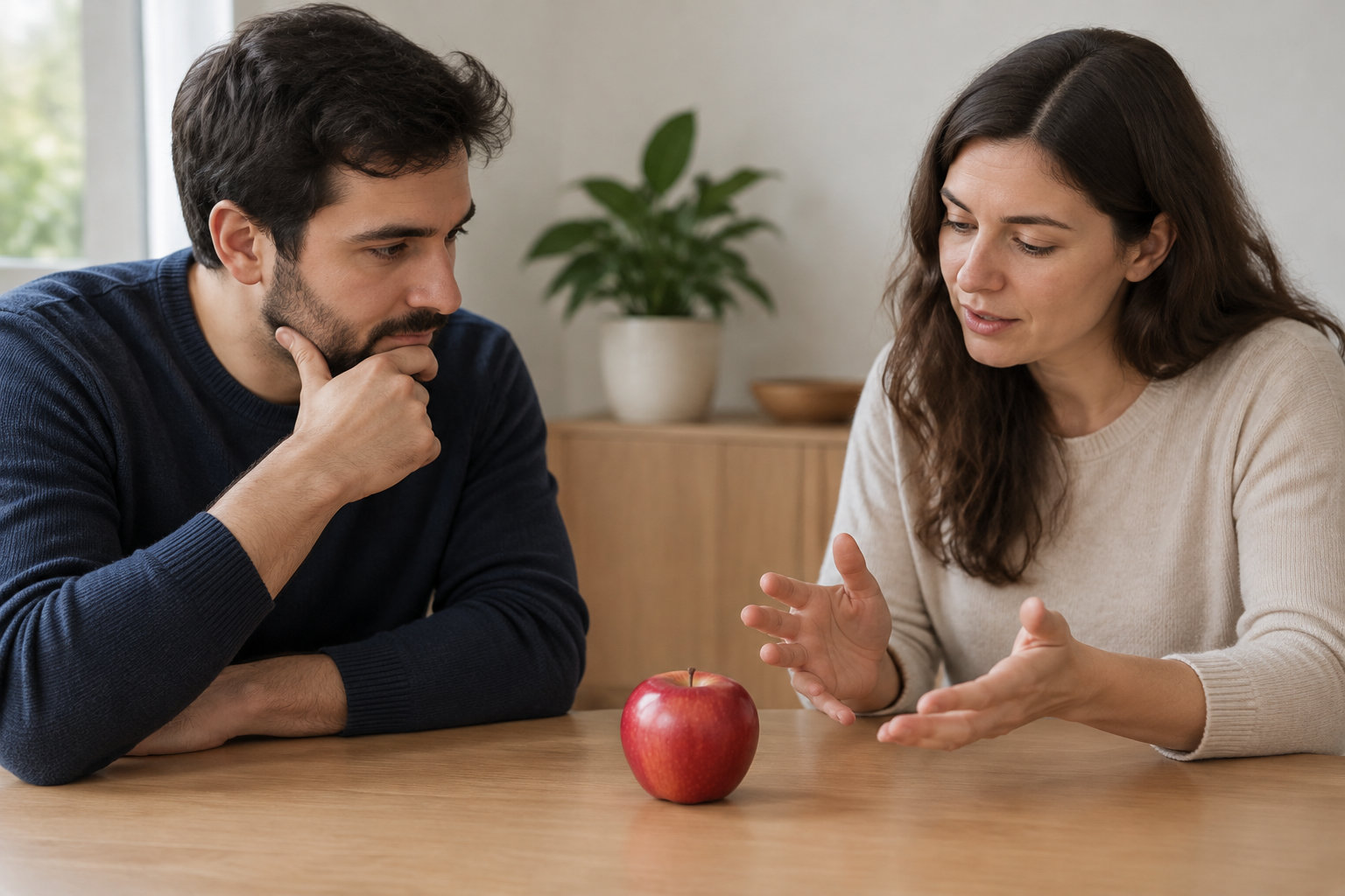 Un homme écoute une femme qui gesticule en parlant, tandis qu’une pomme rouge est posée sur la table devant eux.