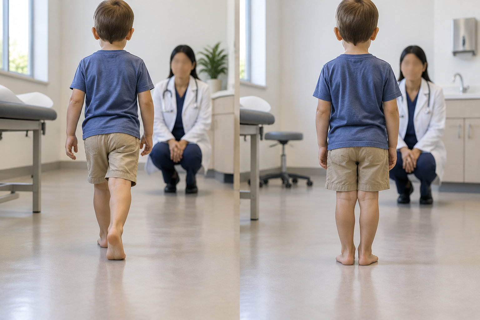 Deux vues côte à côte montrent un garçon pieds nus, de dos, dans un cabinet médical, marchant à gauche et debout à droite devant une médecin assise.