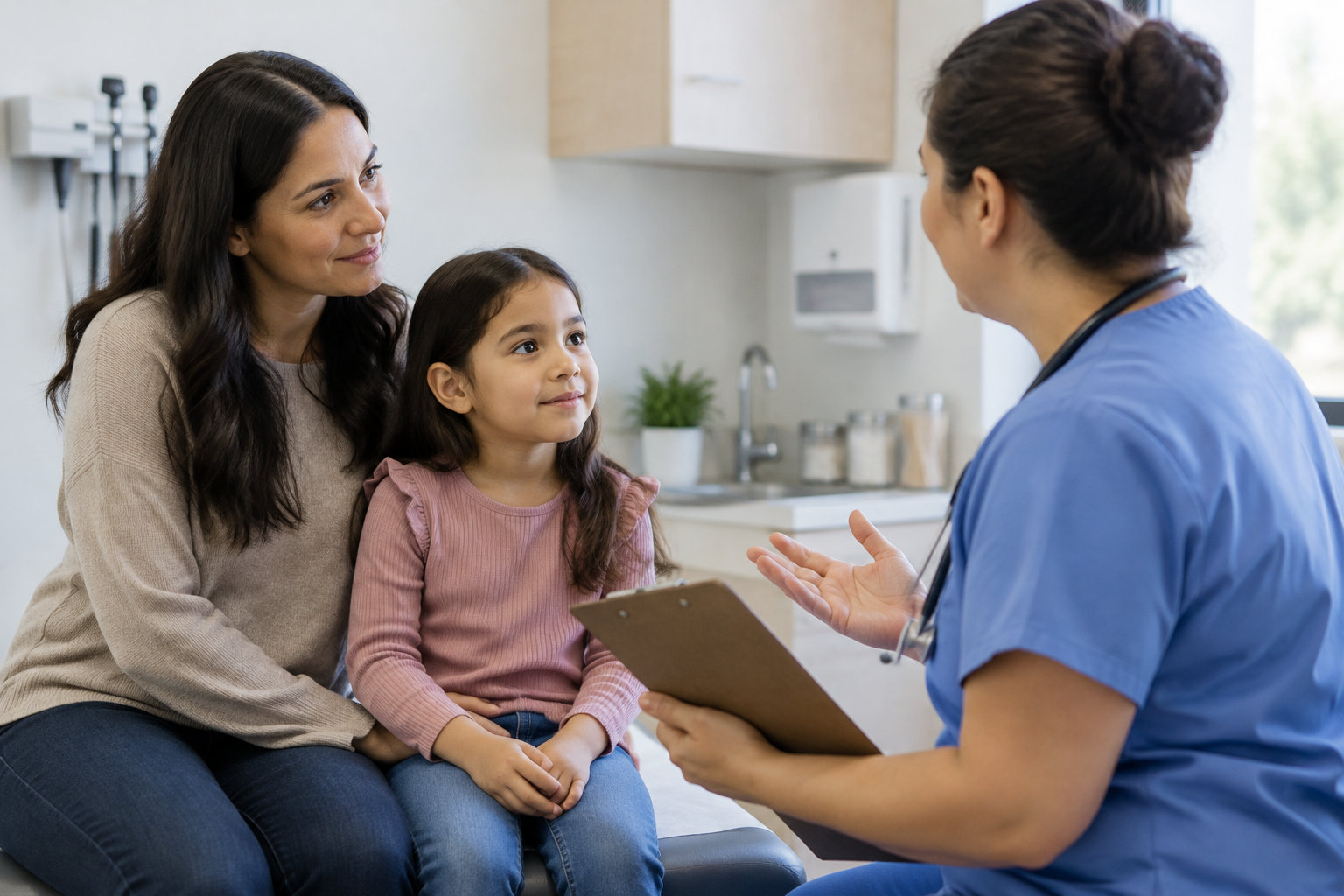 Une médecin en tenue bleue discute avec une mère et sa fille assises dans un cabinet médical, en tenant un porte-bloc.