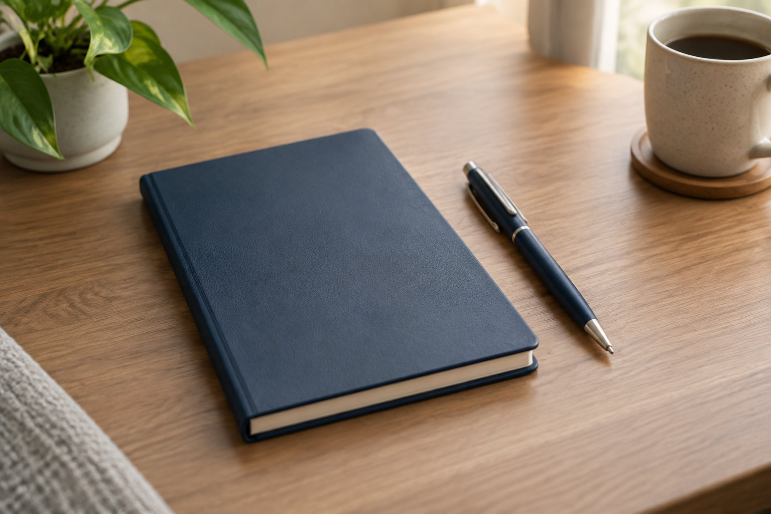 Un carnet bleu fermé et un stylo sont posés sur un bureau en bois, près d’une plante et d’une tasse de café.