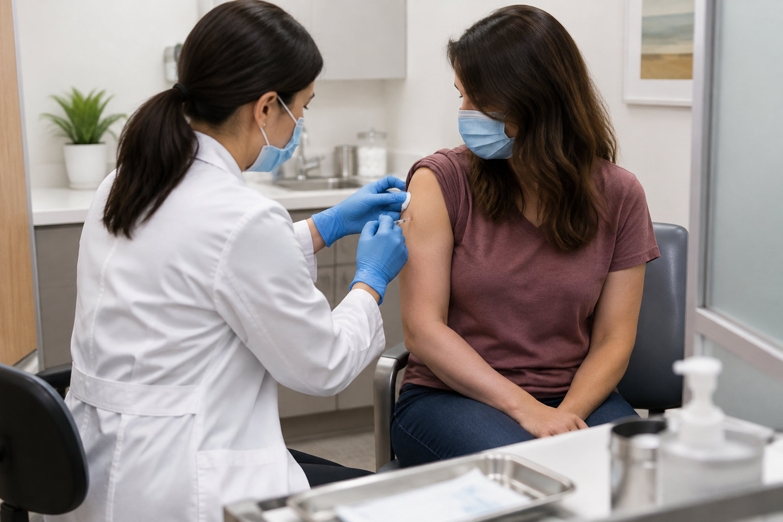Une soignante masquée, vêtue d’une blouse blanche et de gants bleus, injecte un vaccin dans le bras d’une patiente assise dans un cabinet médical.