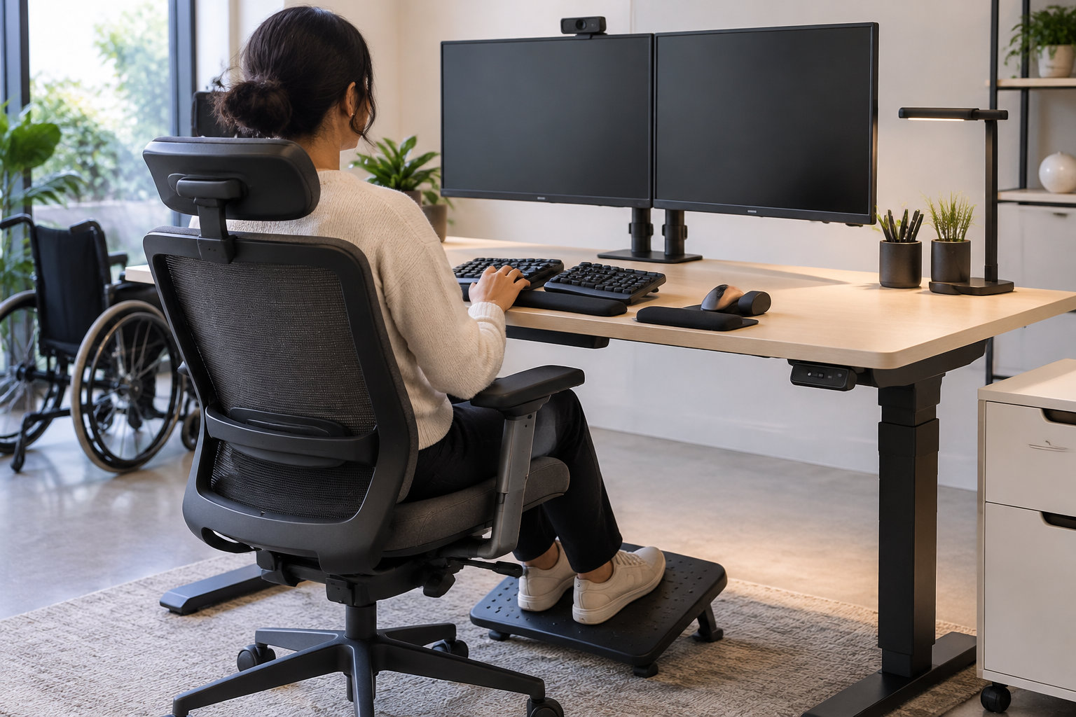 Une personne assise à un bureau utilise un clavier devant deux écrans noirs, avec un fauteuil roulant visible près d’une fenêtre.