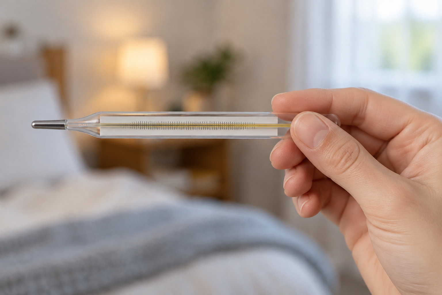 Une main tient un thermomètre en verre gradué au-dessus d’un lit, dans une chambre éclairée.