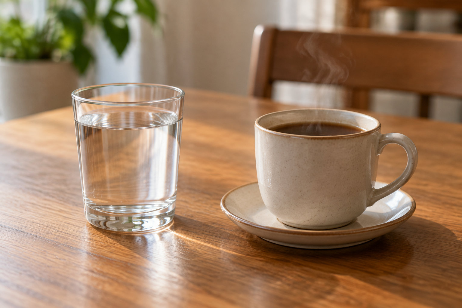 Une tasse de café fumant posée sur une soucoupe se trouve à côté d’un verre d’eau, sur une table en bois.
