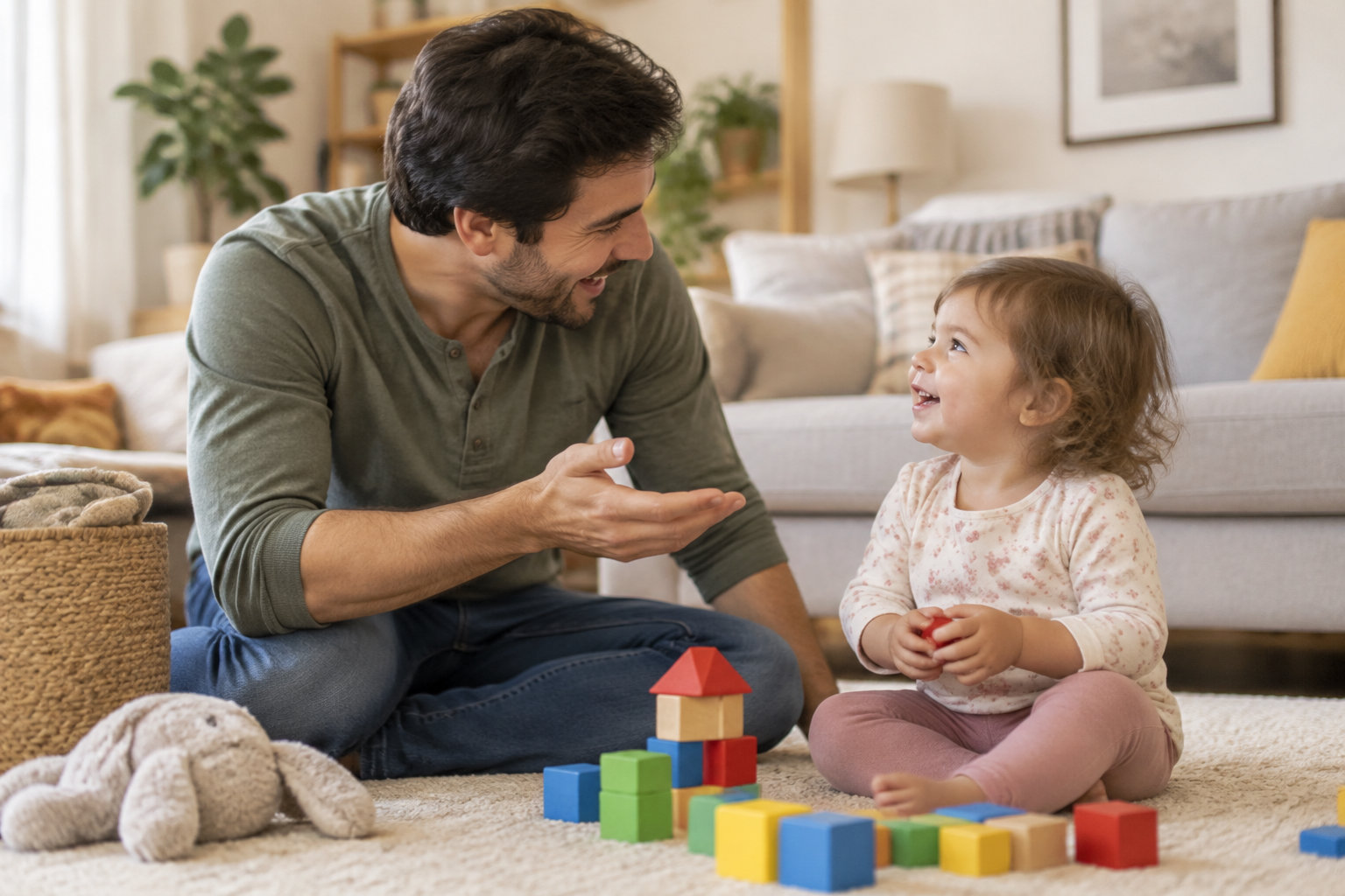 Un homme souriant joue avec une petite fille assise sur un tapis, entourés de cubes colorés dans un salon.