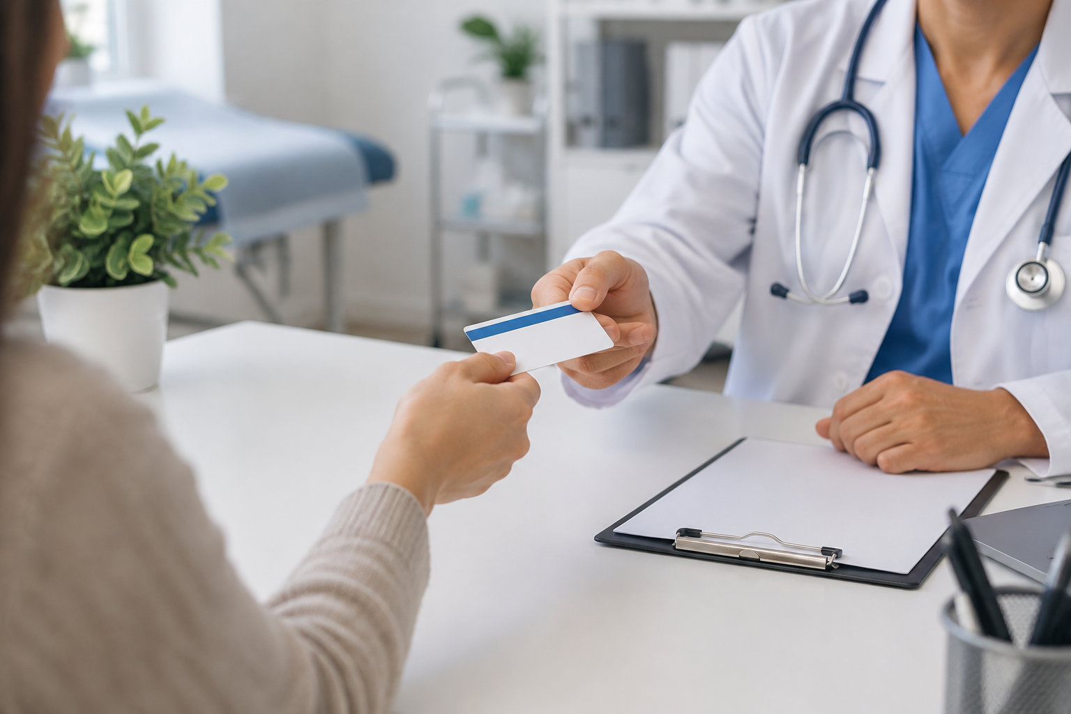 Un médecin tend une carte blanche à une personne assise en face de lui, dans un cabinet médical.