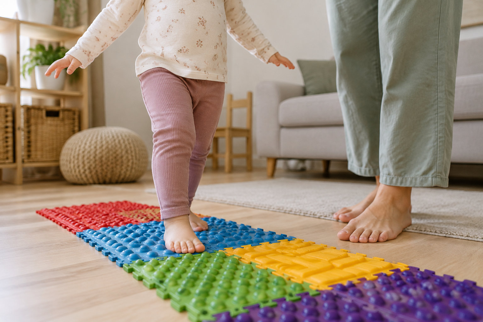 Une enfant marche pieds nus sur un parcours sensoriel multicolore en dalles texturées, tandis qu’un adulte se tient à côté d’elle dans un salon.