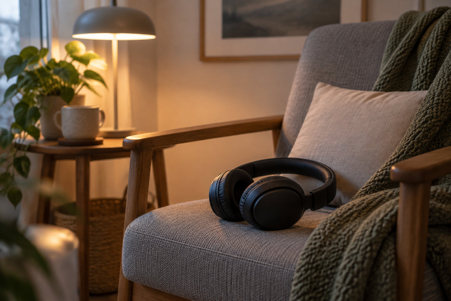 Un casque audio noir est posé sur un fauteuil gris, près d’une table avec une tasse, une plante et une lampe allumée.