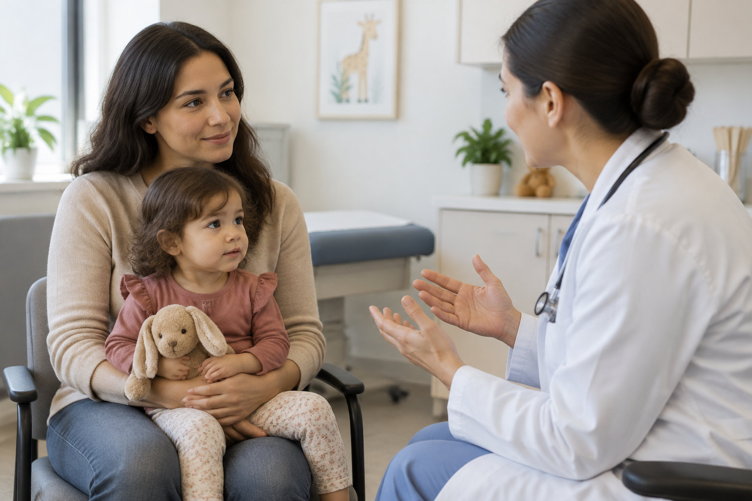 Une médecin en blouse blanche parle avec une mère et sa jeune fille, assise sur ses genoux et tenant une peluche en forme de lapin, dans un cabinet médical.