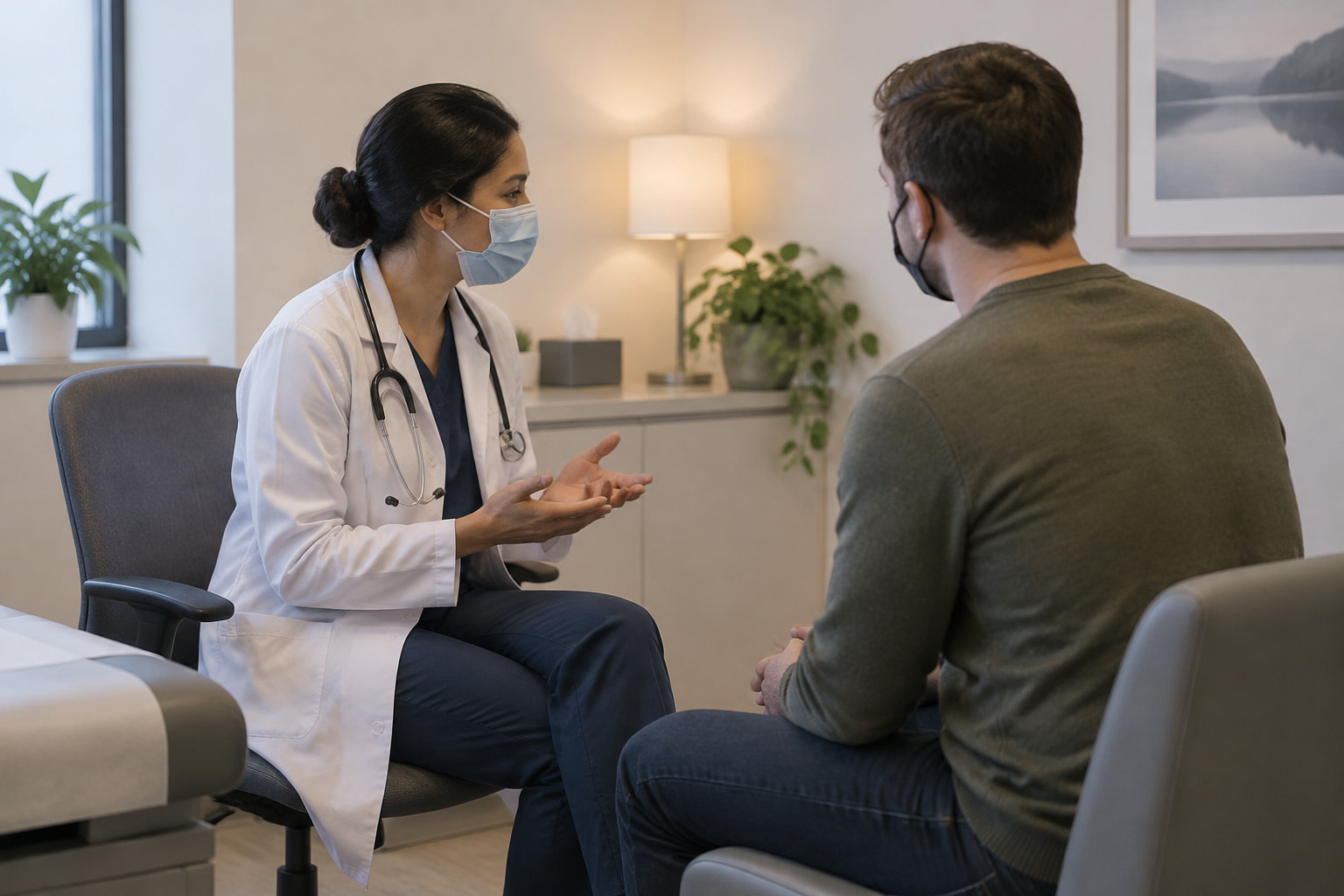 Une médecin masquée, portant une blouse blanche et un stéthoscope, échange avec un patient assis dans un cabinet médical.