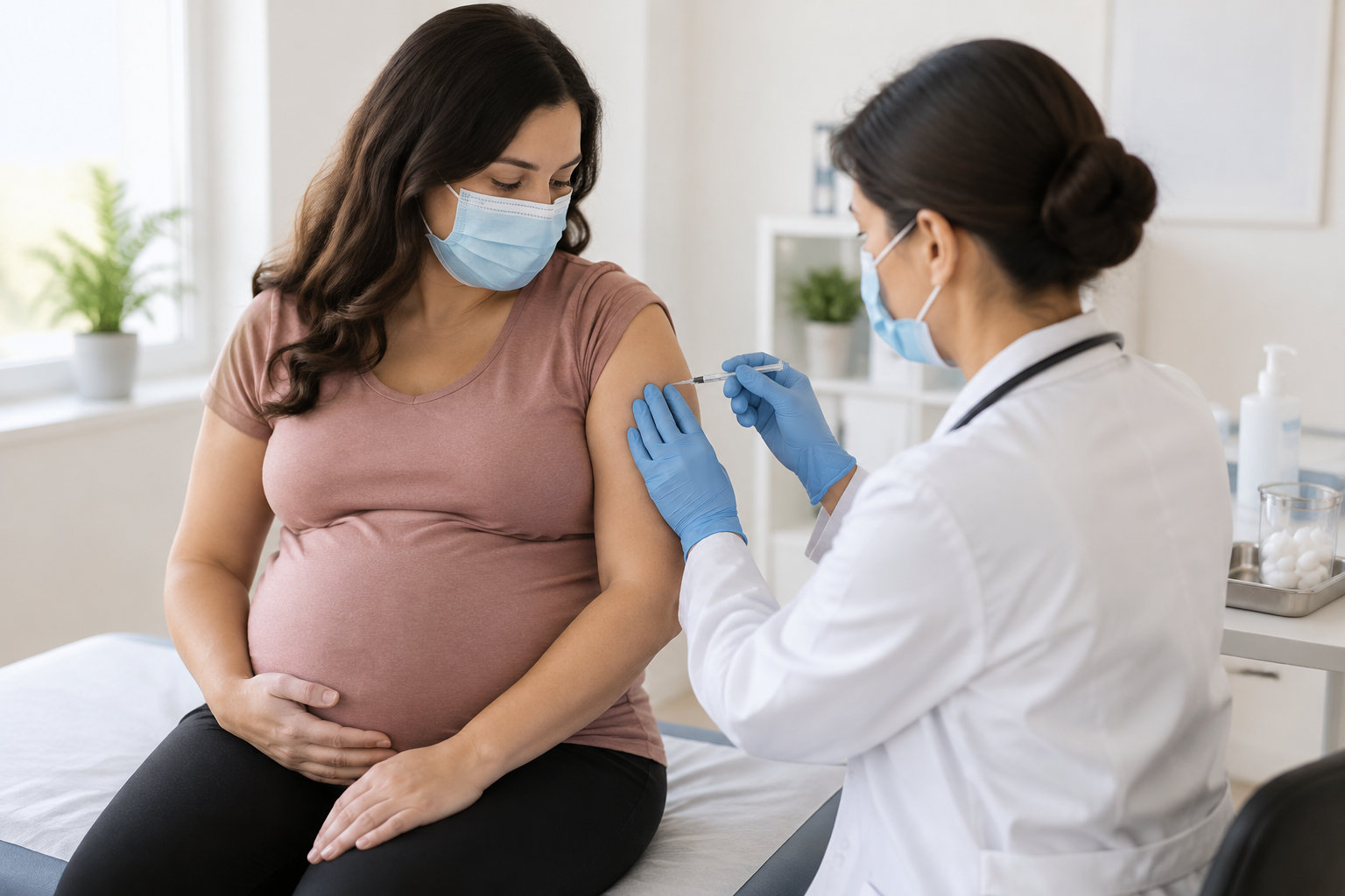 Une professionnelle de santé masquée administre une injection dans le bras d’une femme enceinte assise sur une table d’examen.