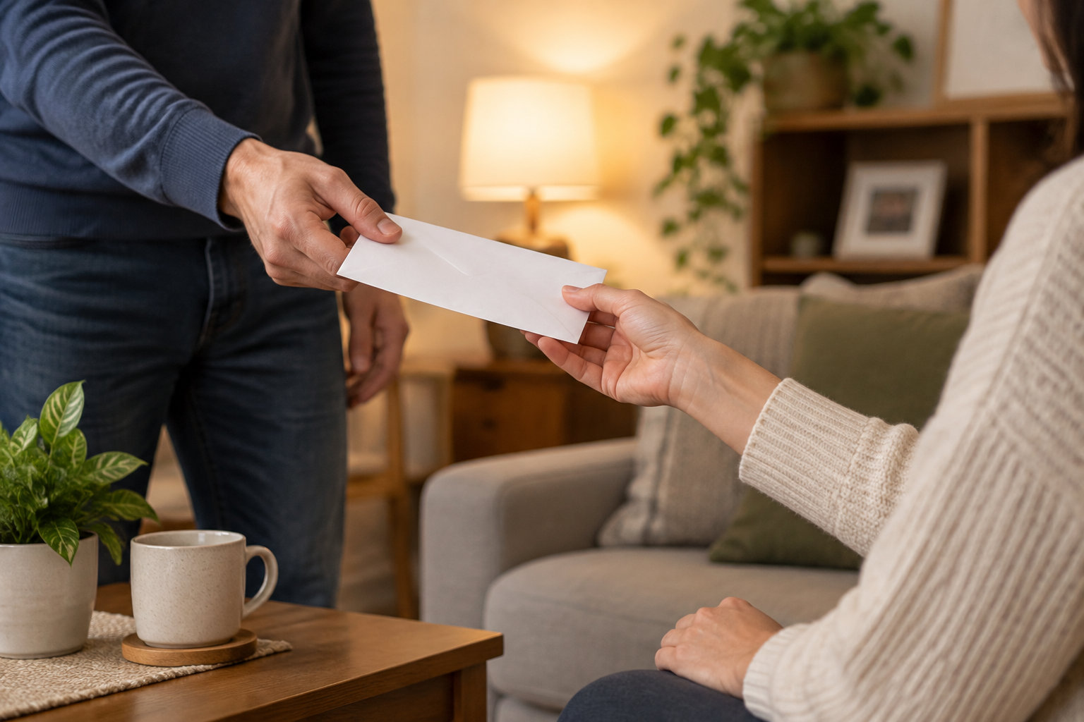 Une personne tend une enveloppe blanche à une autre personne assise dans un salon.