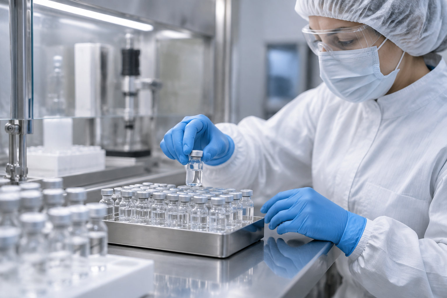 Une personne vêtue d’une combinaison, d’un masque et de gants bleus manipule un petit flacon au-dessus d’un plateau rempli de fioles, dans un environnement de laboratoire.