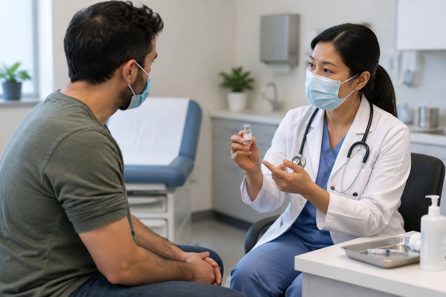 Une médecin masquée montre un petit flacon à un patient assis dans un cabinet médical.