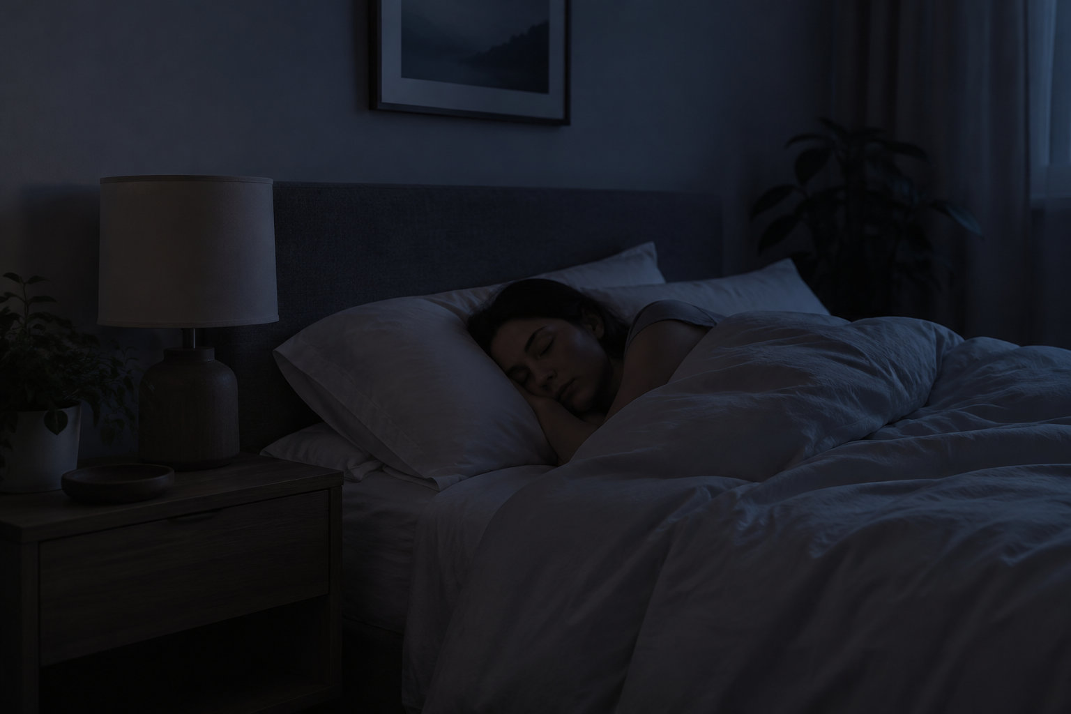 Une personne dort sur le côté sous une couette, dans une chambre sombre avec une lampe de chevet éteinte et des plantes.