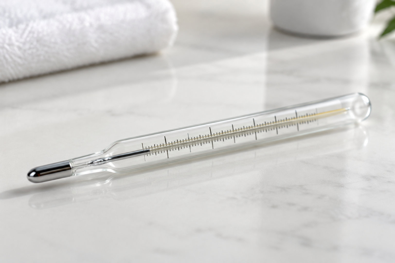 Un thermomètre en verre gradué est posé en diagonale sur une surface blanche près d’une serviette et d’un pot.