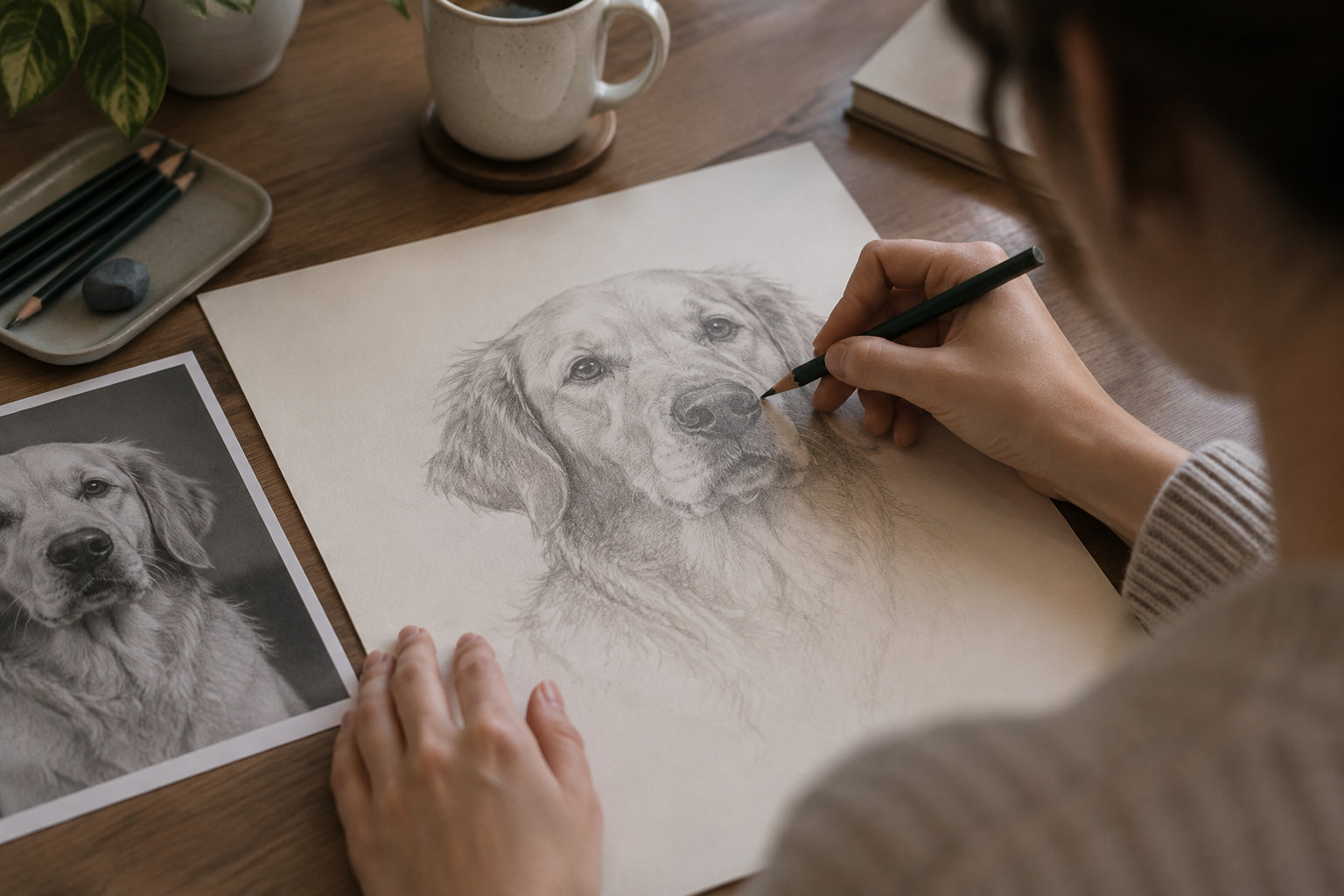 Une personne dessine au crayon le portrait d’un chien sur une feuille, à côté d’une photographie du chien et de matériel de dessin.