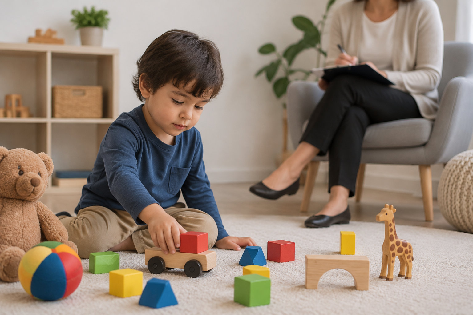 Un jeune enfant joue avec des blocs colorés et un camion en bois sur un tapis, tandis qu’une adulte assise sur un fauteuil prend des notes.