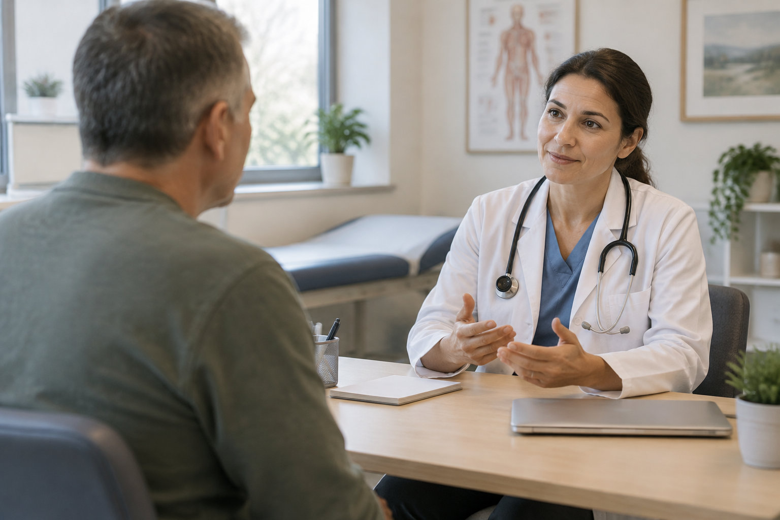 Une médecin en blouse blanche, un stéthoscope autour du cou, échange avec un patient assis en face d’elle dans un cabinet médical.