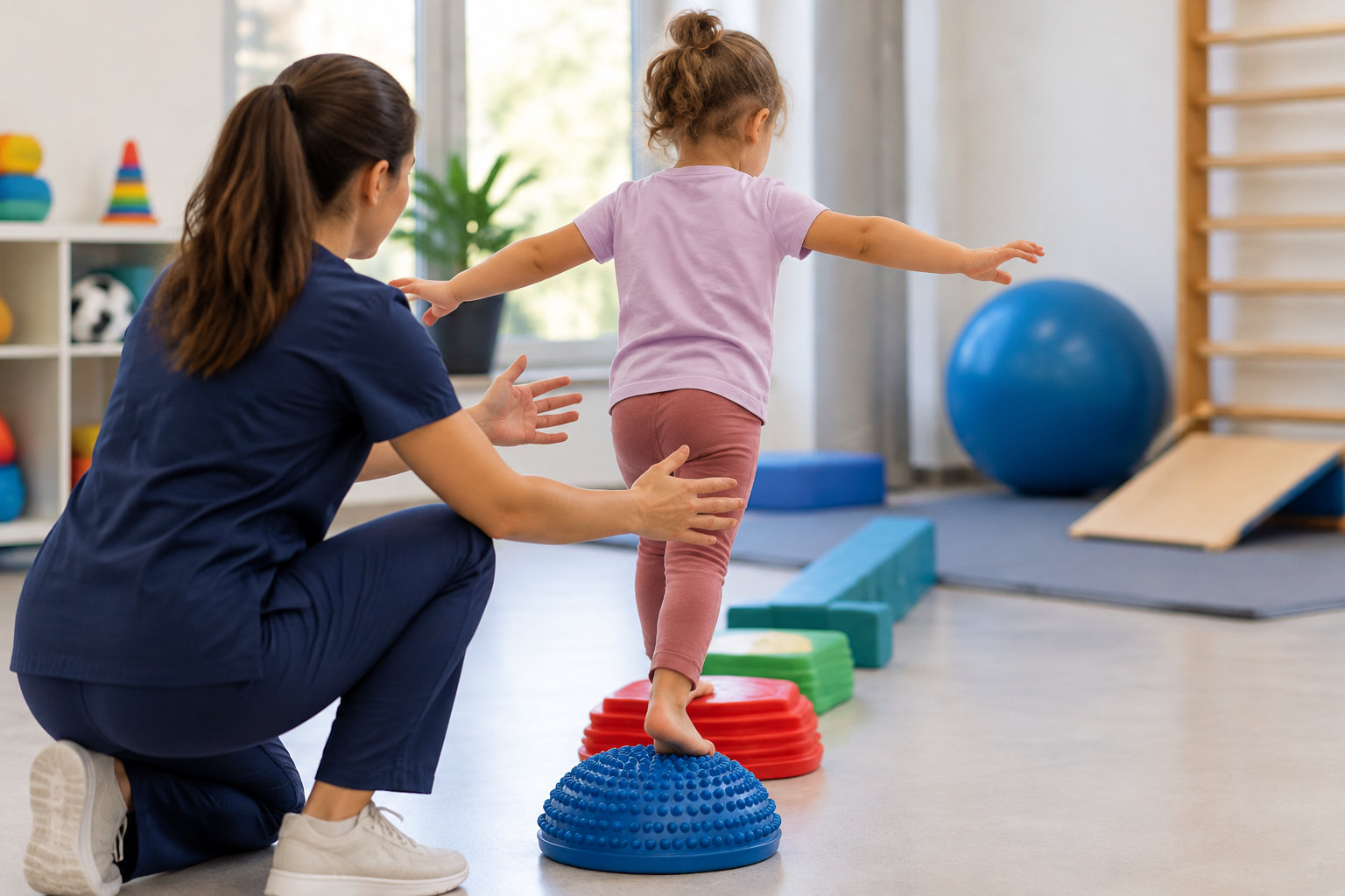Une professionnelle accroupie accompagne une petite fille qui avance les bras écartés sur des modules d’équilibre dans une salle de motricité.
