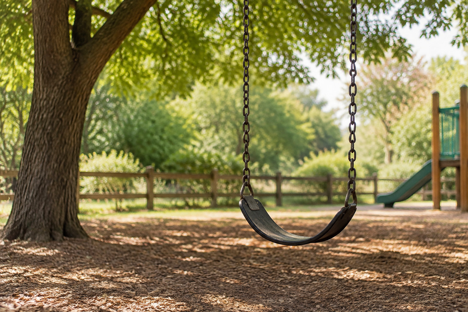 Une balançoire vide suspendue par des chaînes se trouve sous un grand arbre, dans une aire de jeux avec un toboggan en arrière-plan.