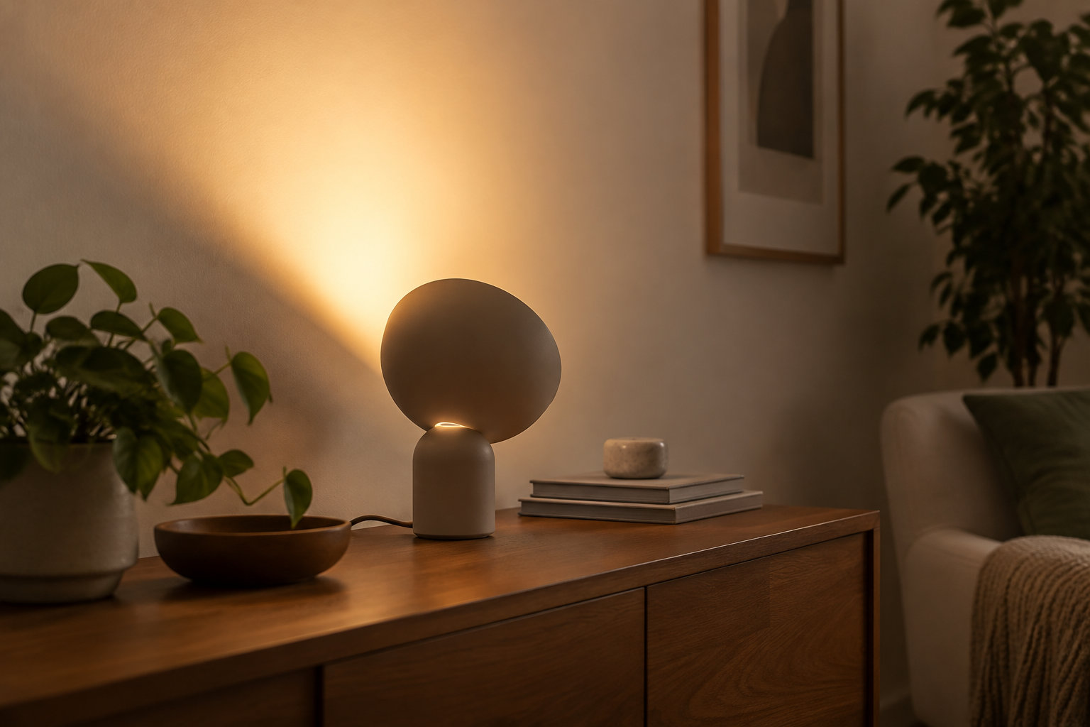Une lampe de table diffuse une lumière chaude sur un meuble en bois, à côté de plantes, de livres et d’un canapé.